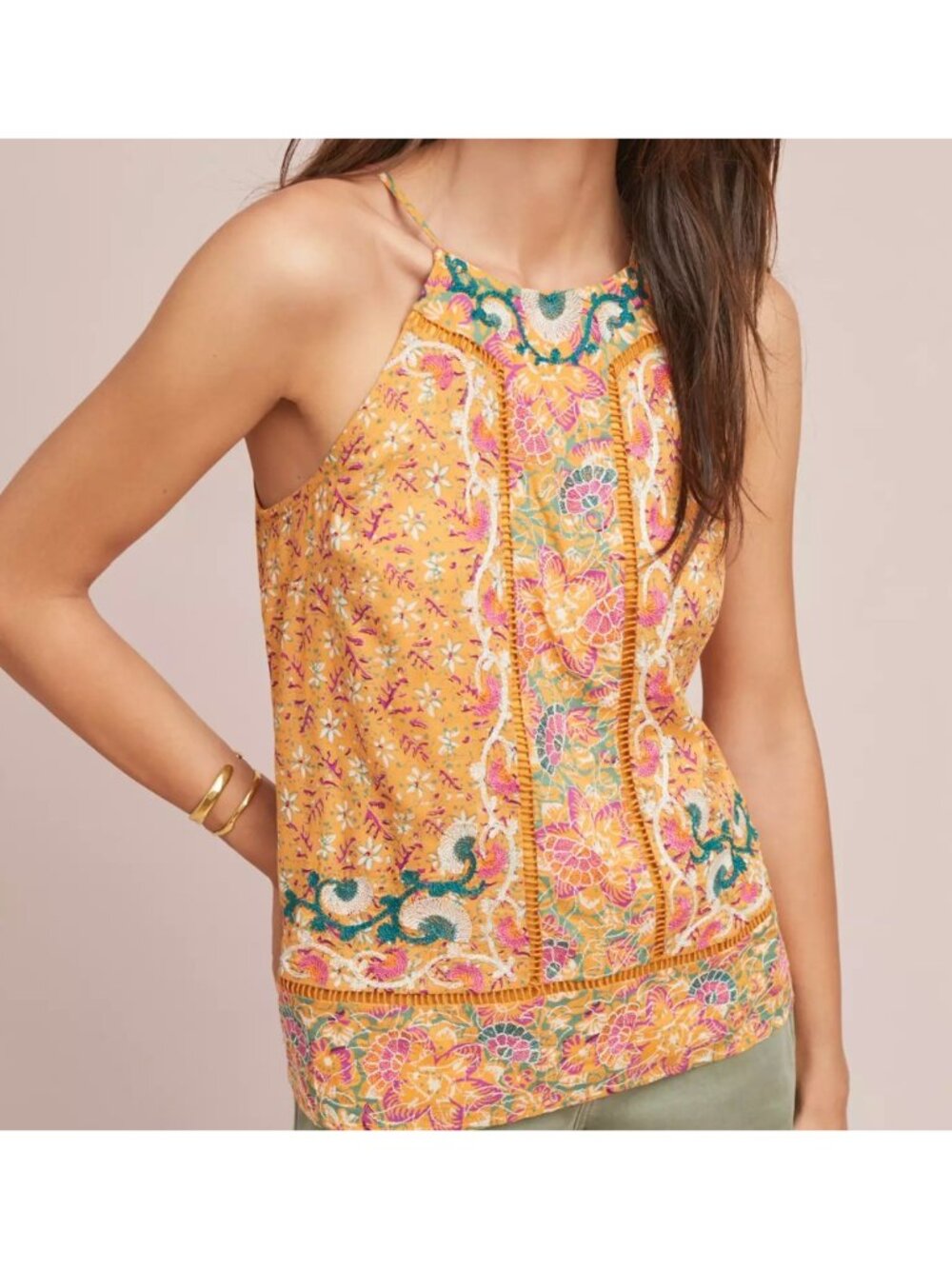 Anthropologie Akemi + Kin Melina Embroidered Halter Top vibrant yellow bohemian